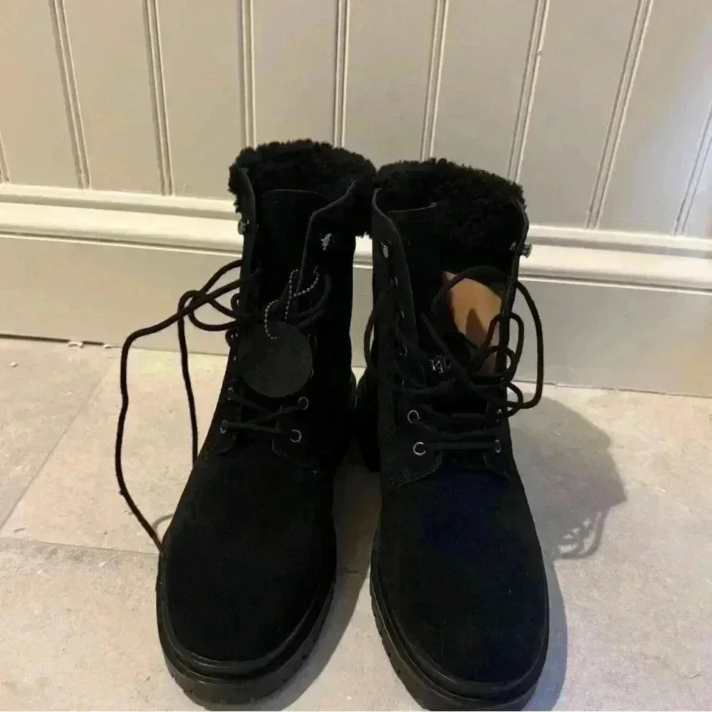 Lauren Ralph Lauren Black Lace-Up Shearling Trim Boots
